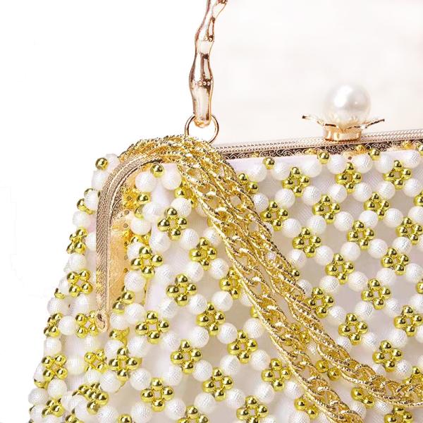Gold Pearl Beaded Evening Bags Hand Woven with Metal Wrist OEM ODM