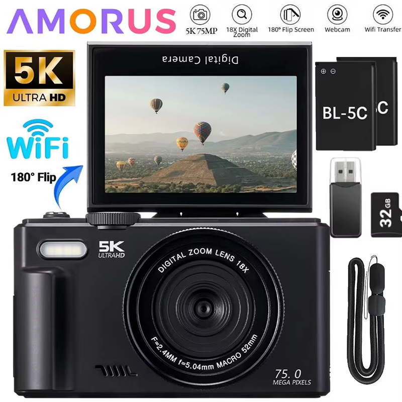 5K HD Travel Vlogging Digital Camera WiFi Flash 180° Rotating Selfie Time Lapse Slow Motion Burst Mode