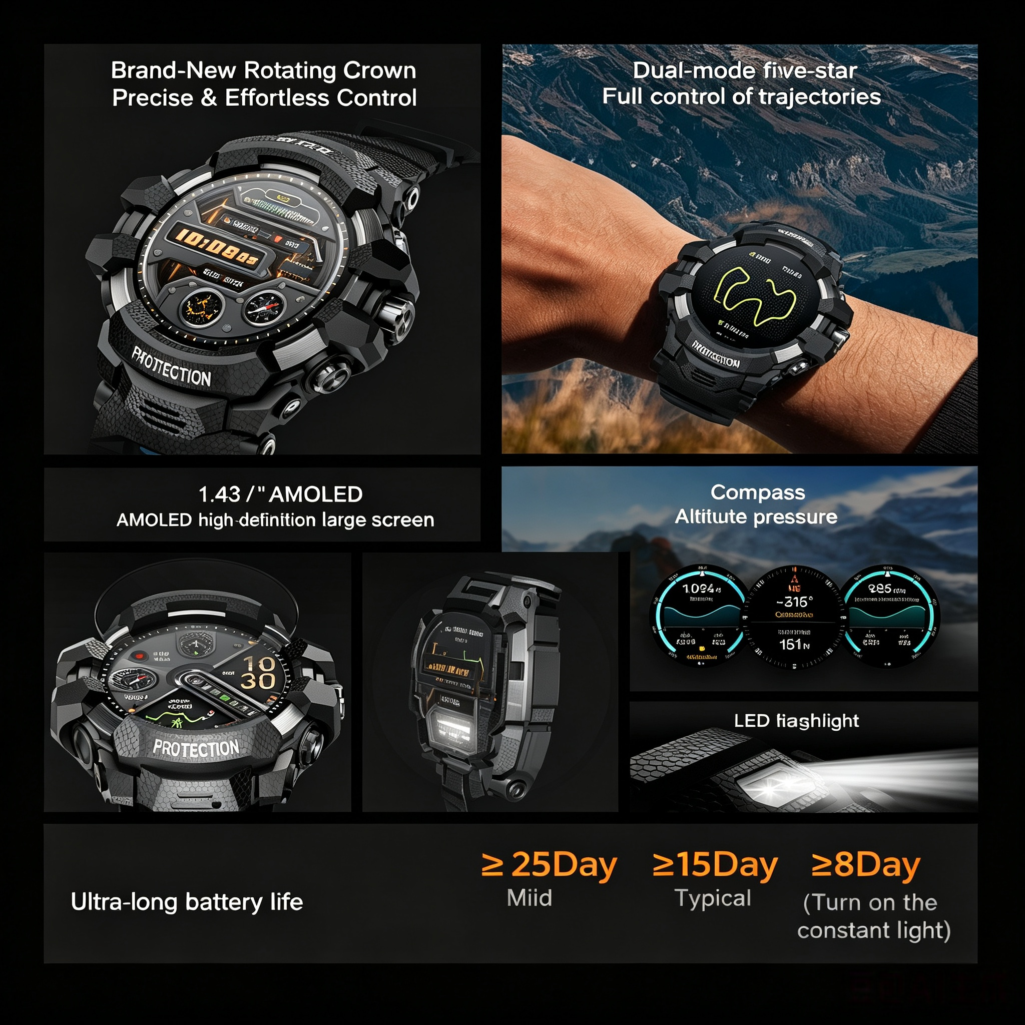 PG999 GPS AMOLED 1.43-inch screen 30m waterproof IOS / Android systems smartwatch