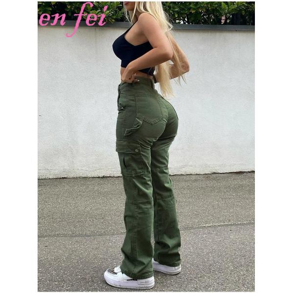 Fashion Women Solid Multi Pocket Cargo Pants Slim Loose Straight Pockets Casual Trousers Cargo Pants