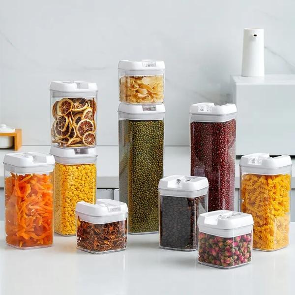 9 Pcs Set Stackable Transparent Pantry Airtight Cereal Dry Food Plastic Storage Containers with White Lid