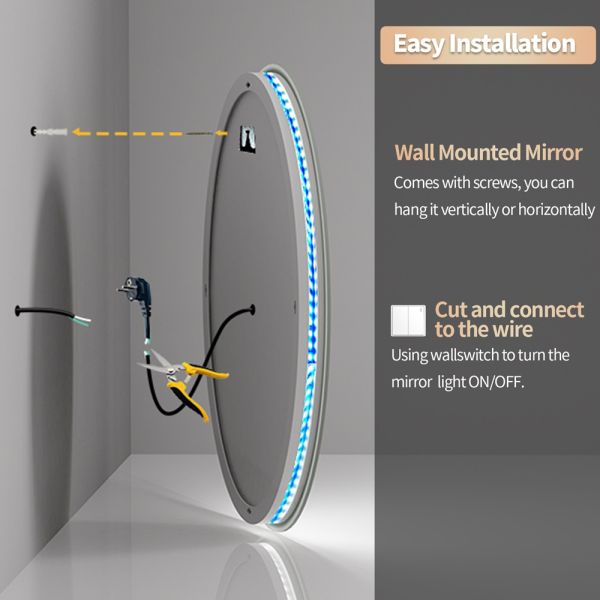 Oval RGB LED Lighted Smart Bathroom Mirror High Definition Eco-Friendly Explosion-Proof Anti-Fog Modern Design IP44 Illuminated