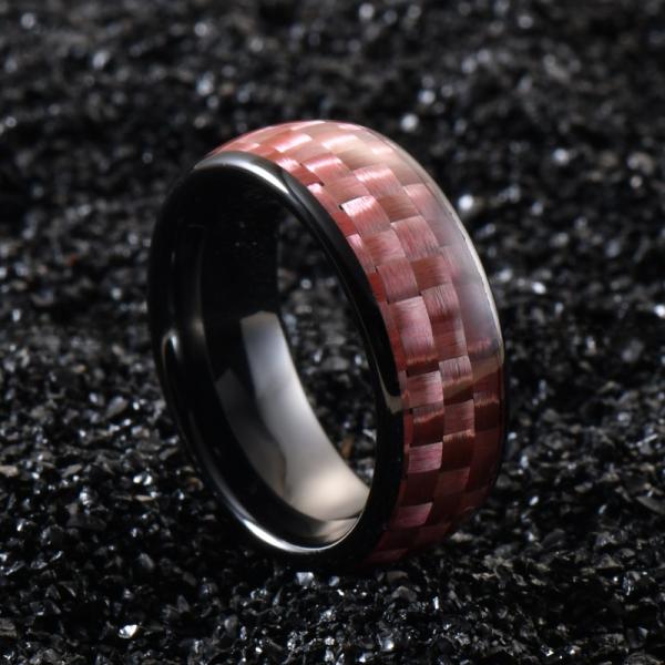 Banda de boda de cerámica negra de 8 mm con incrustación de fibra de carbono rosa y ajuste invisible