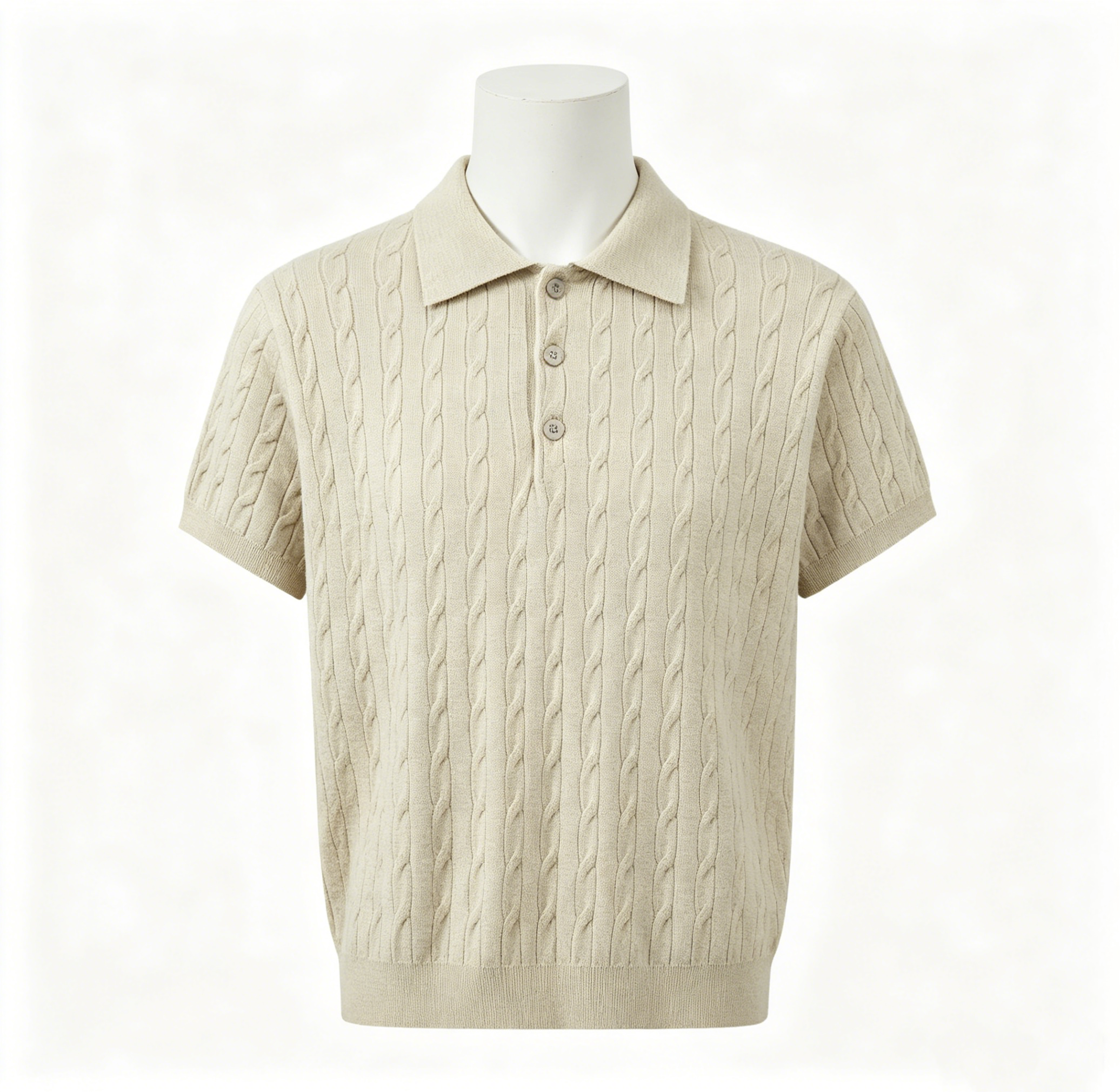 Men’s Cable Knit Short Sleeve Polo Shirt Casual Breathable Solid Color Knitted Top