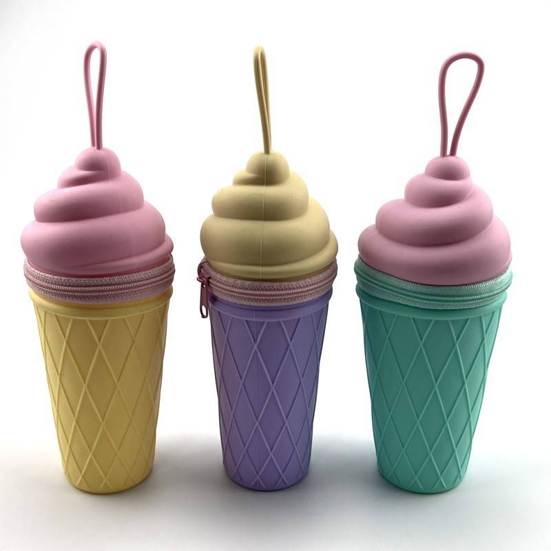 Reliable Quality Large Capacity Handle Silicone Pencil case Student Fancy Ice Cream Shape Pen Bag