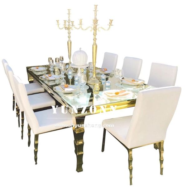 Hotel Hall Restaurant Furniture Metal Frame 8 Seater Glass Dining Table with Chair