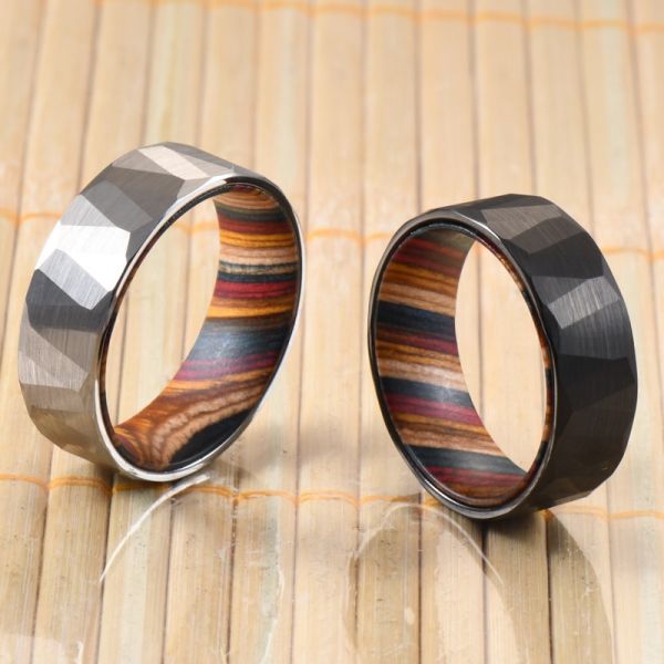 Sample Making Service 8mm Wedding Rings Box Elder Wood Colourful Hammered Black Faceted Tungsten Carbide Ring