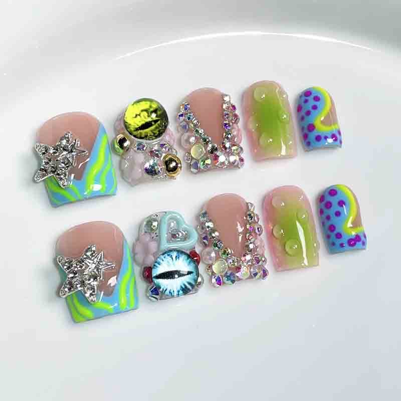Short Square Y2K Colorful Handmade Press On Nails 3D Eye Star Rhinestone Wholesale
