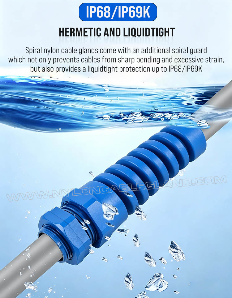 Water resistance of colored helical nylon polyamide cable glands Colored Strain Relief Cable Gland Nylon 6 (Polyamide 6/PA6), PG13.5 (Ø 6-12mm & 5-9mm), IP68 & IP69K, for Cable Identification & Organization