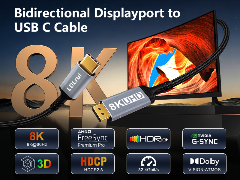 Nylon Braided Type C To DP Cable 8K 60Hz 4K 144Hz Gaming Monitor Cable Bidirectional