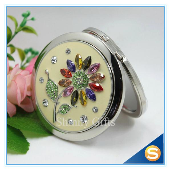 Shinny Gifts Wholesale Colorful Rhinestones Flower Design Small Round Mirror