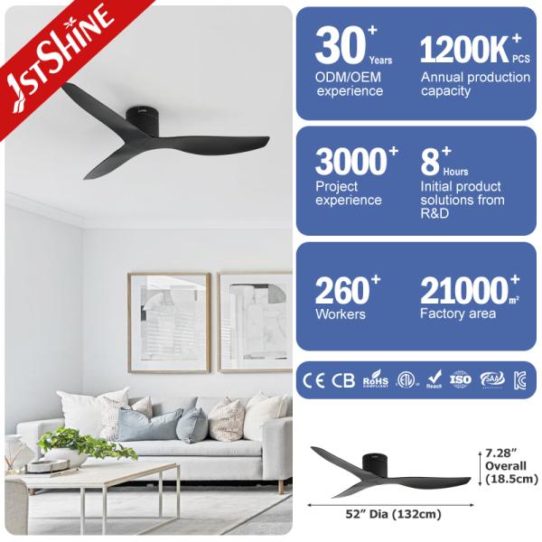Ventilador de techo moderno de 3 aspas, negro elegante, de 52 pulgadas, con motor de CC