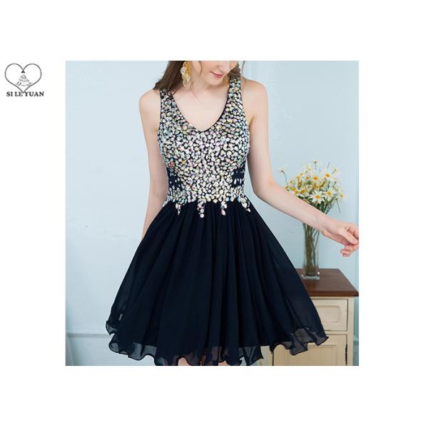 Chiffon Nude Short Black Formal Dresses / Top Diamond Prom Dress Puffy Down Part
