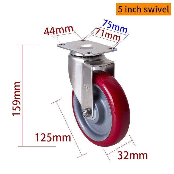EDL 5Inch Stainless Steel Medium Duty Caster With Red TPU Wheel Loading 150Kg S545P-85