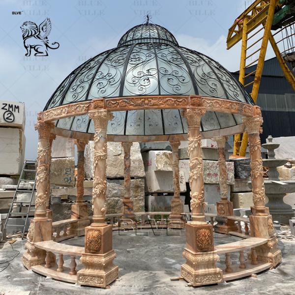 Sunset Red Marble Waterproof Gazebo Wedding Natural Stone Carving Roman Pillar Pavilion Outdoor Large Luxury