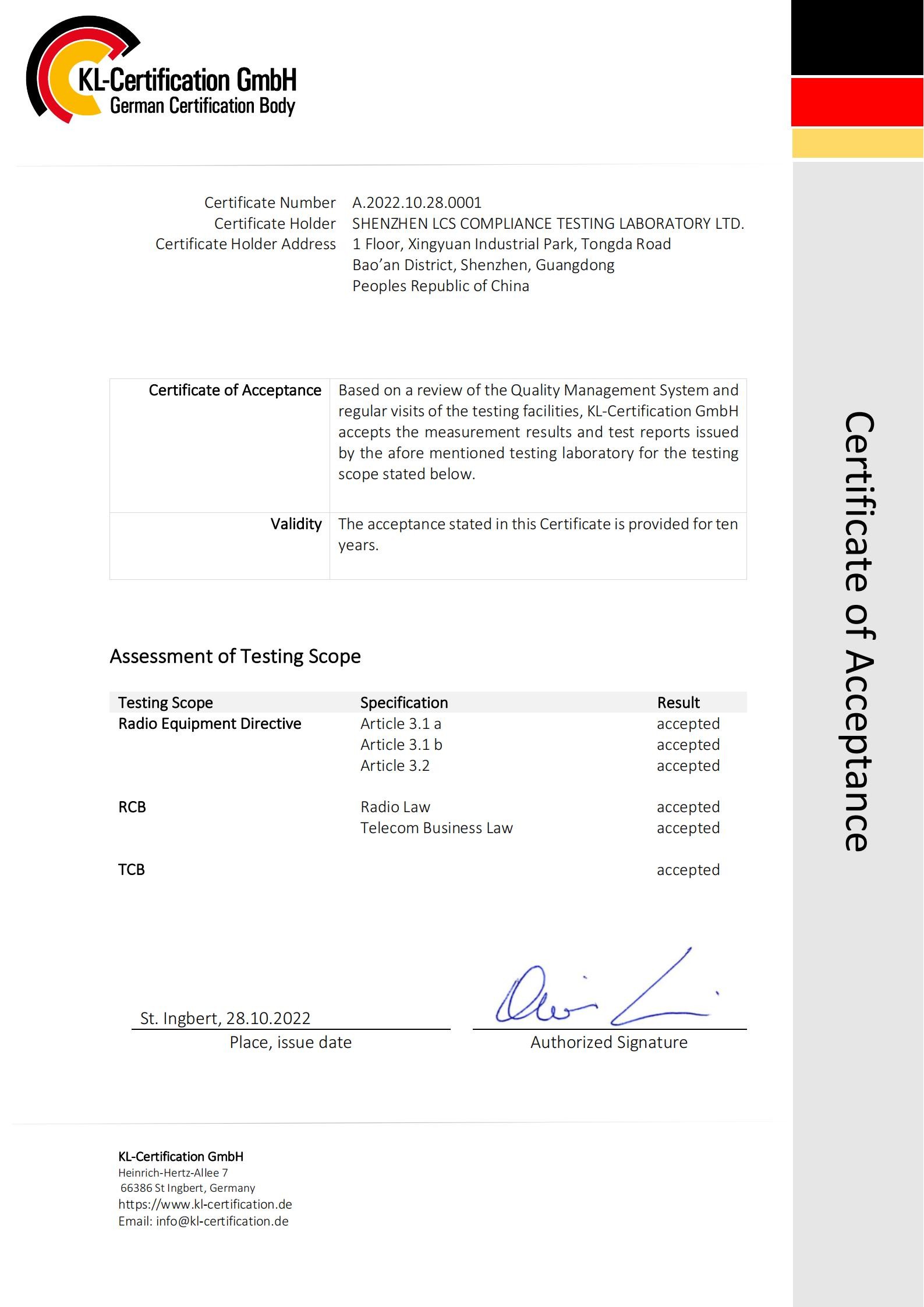 Shenzhen LCS Compliance Testing Laboratory Ltd. Сертификации