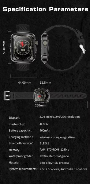 Rugged Waterproof Outdoor Smart Watch Body Temperature Compass 240x296