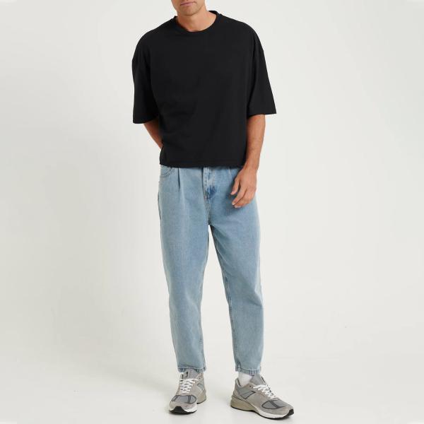 Black Boxy Cropped Graphic Tee Tshirt Men Heavyweight Cotton Box Cut Fit Short Sleeve Crop T Shirt