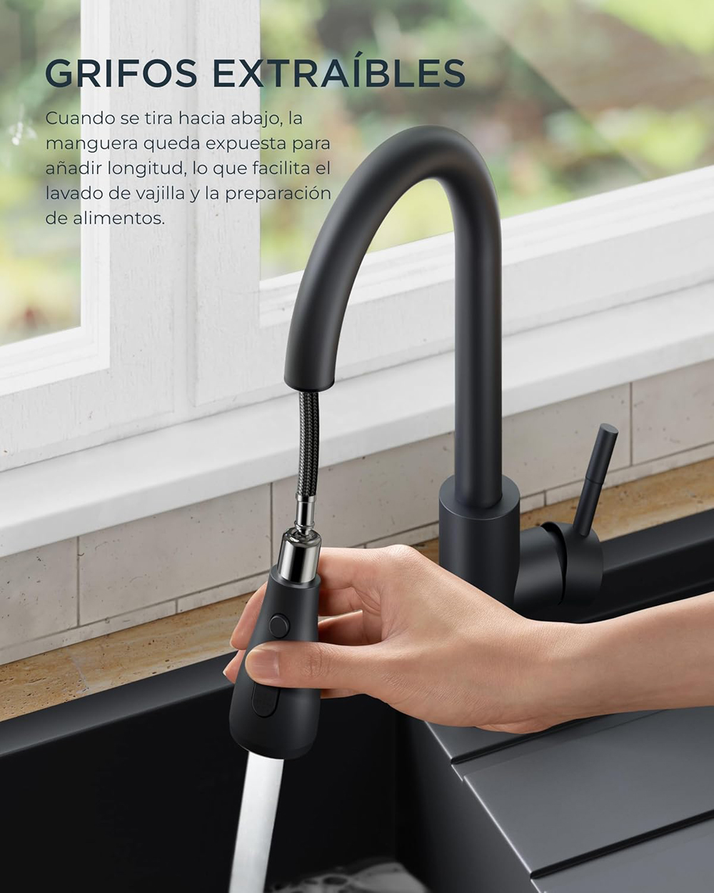 Pull Out Kitchen Faucet Made from 304 Stainless Steel Featuring 35mm Ceramic Cartridge and Two Flexible Stainless Steel Hoses