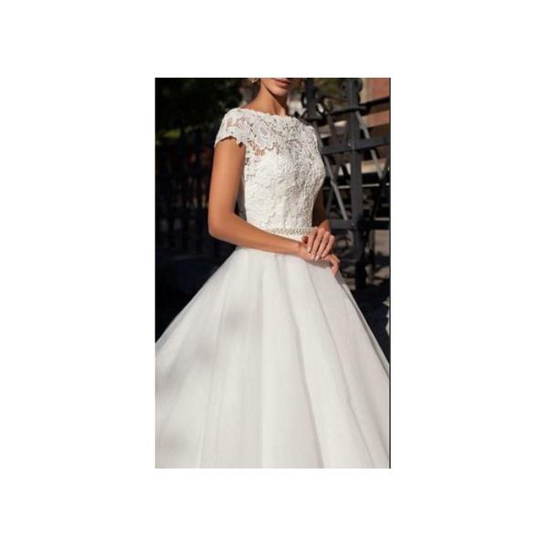 Pure White Backless Ball Gown / Long Tail Wedding Dress With Short Sleeve