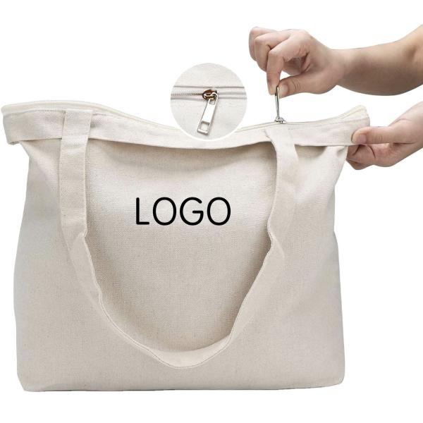 Grocery Customized Logo Printed Recycle Plain Organic Cotton Canvas Tote Shopping Bags with Zipper