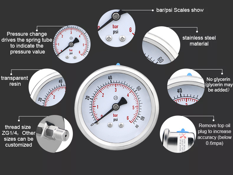 Y60ZBF 60mm Full 304ss Stainless Steel Pressure Gauge for OEM Air Pressure Monitoring