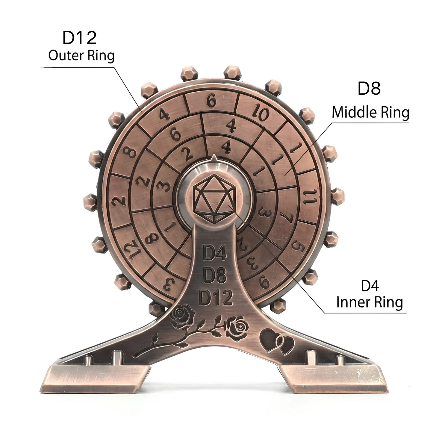 Solid Zinc Alloy Dice Wheel with Silent Bearing and Vintage Rose Carved Design for DND TRPG Games