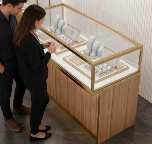 Luxury Front Showcase with Natural Marble Vein Design LED Lighting and Customized Solutions for Jewelry Display