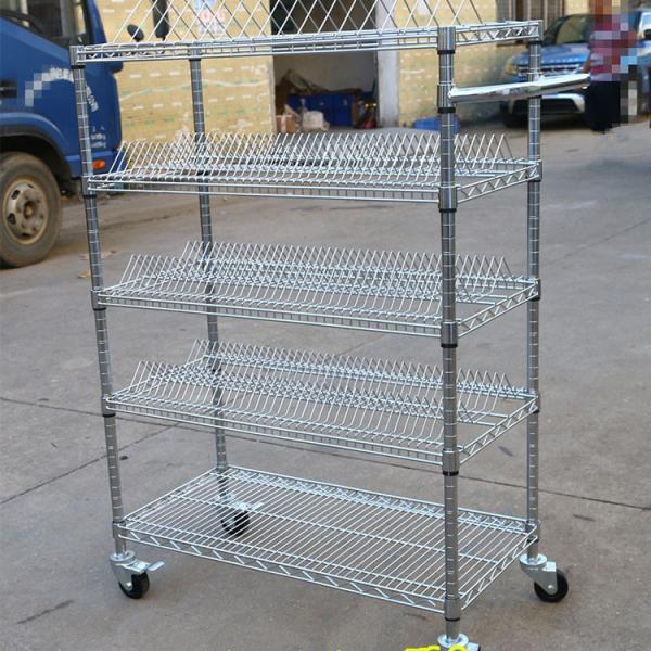 Four Tier  Industrial Wire Shelving / Silver Steel Antistatic Warehouse Trolley