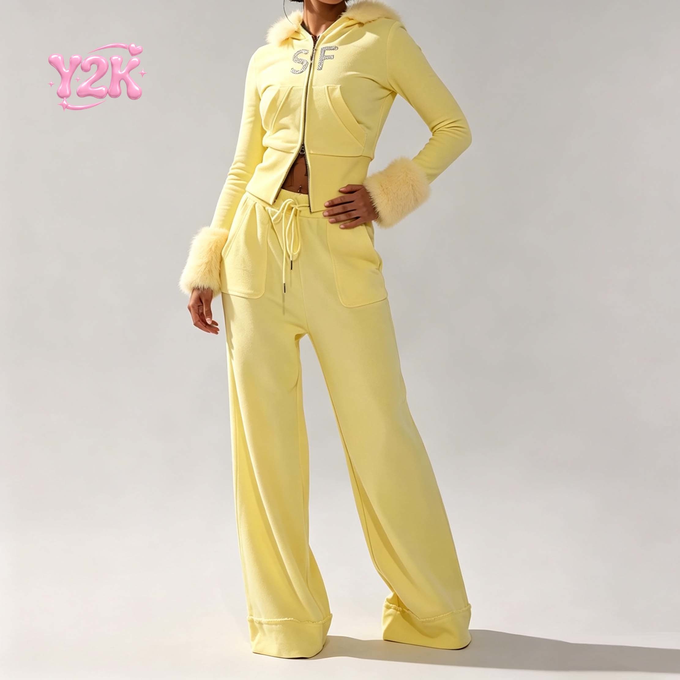 Custom Women's Faux Fur Trim Hoodie Wide Leg Tracksuit Set