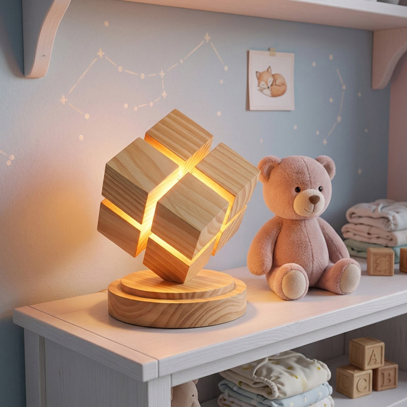 Wooden LED Cube Table Lamp USB Dimmable Rechargeable Desk Lamp Creative Geometric Night Lights for Bedroom Decor Accent Lighting