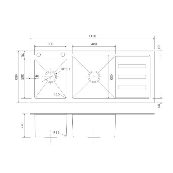 Brushed Cabinet Black Glass Kitchen Sink 45' Cabinet 16 Double Bowl 115x48
