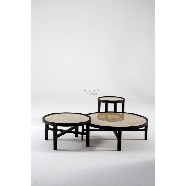 Solid Wood Round Marble Top White Coffee Table Set