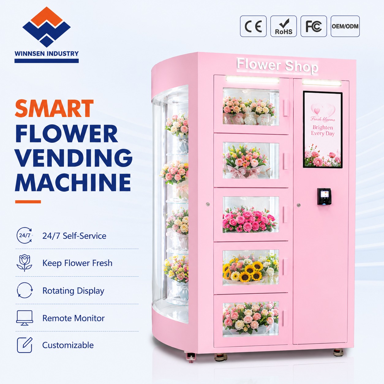 Winnsen Transparent Shelf Flower Vending Machine with Humidification System and 22 Inch Touch Screen