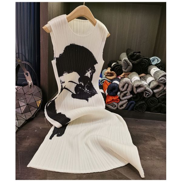 High-End Pleated Floral Dress Loose Slim Ladylike Elegant Sleeveless Round Neck Versatile Floor-Length Long Skirt
