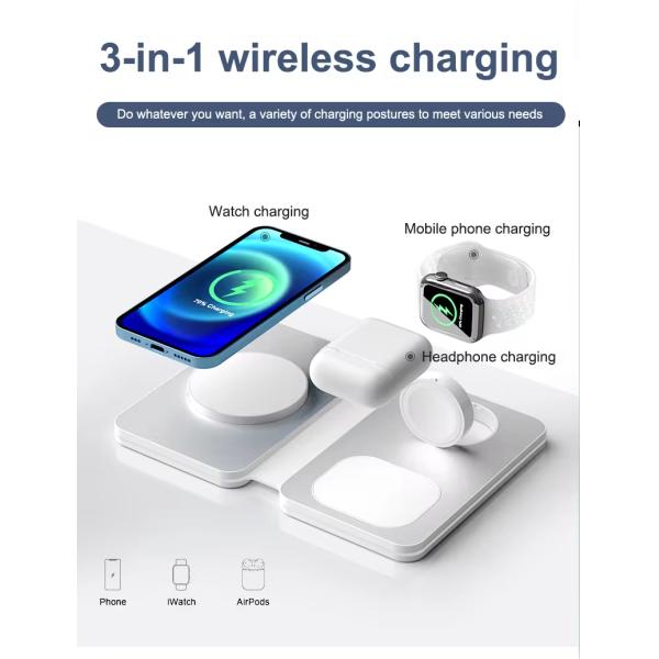 3 in 1 Wireless Charger Station for Mobile Phone , Foldable 15W Magnetic Charger 2024