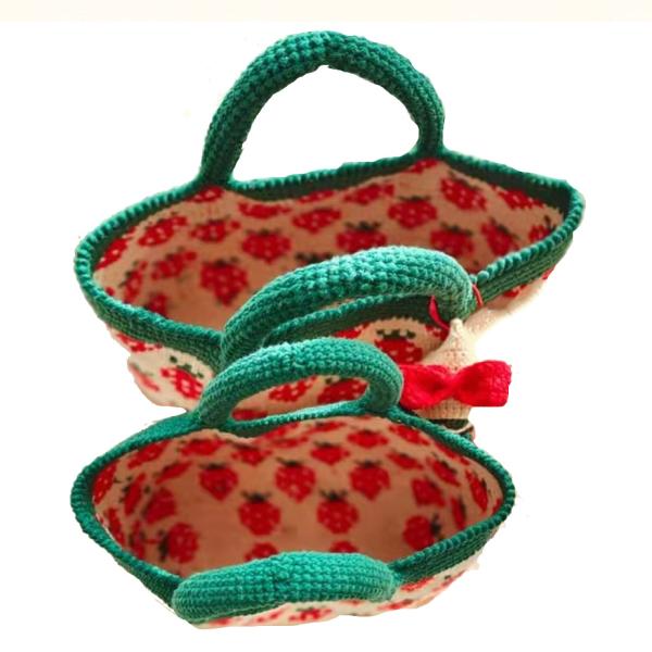 White Woven Cotton Bag , Strawberry Womens Crochet Handbags 32cm×25cm