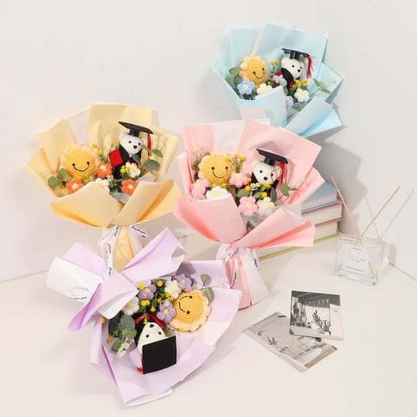 Docteur Ours bouquet de remise des diplômes tournesol tricoté laine tricotée produit fini simulation fleur examen d'entrée au collège cadeau d'encouragement