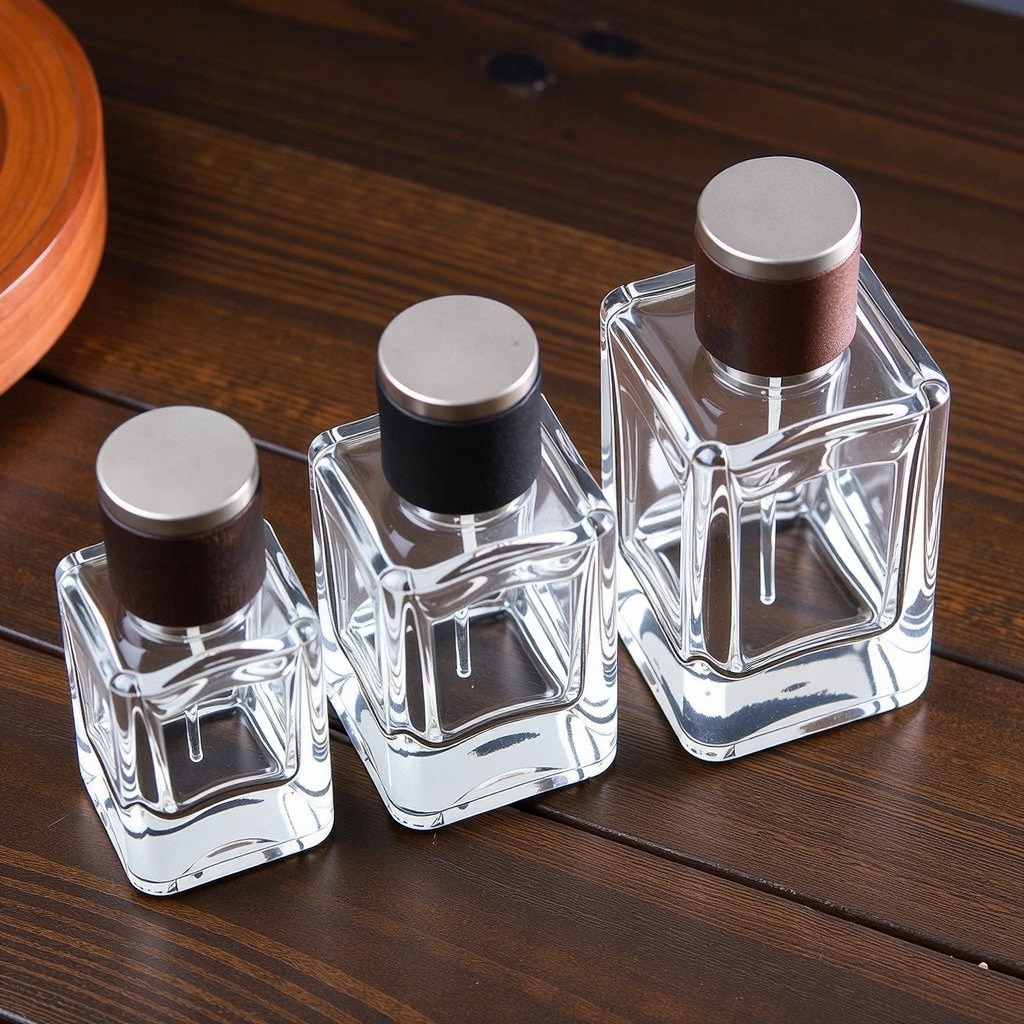 Portable Square Perfume Glass Bottle 15ml 30ml 50ml 100ml With Heavy Bottom Sprayer Round Lid