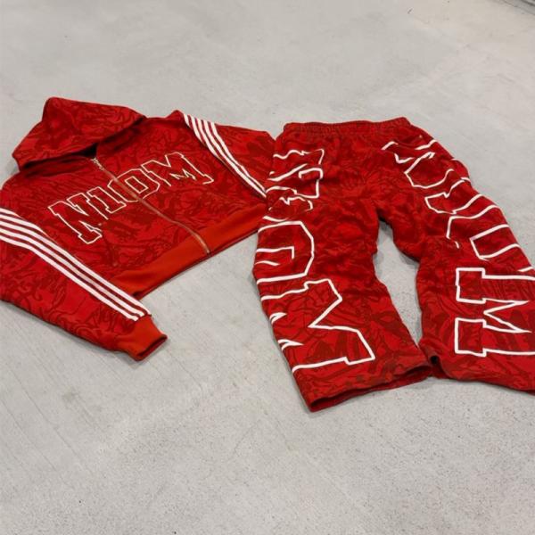 Clothing Manufacturers Custom Full Print Letter Logo Zip up Hoodies Stacked Straight Bagyy Oversized Hoodie and Sweatpants Set