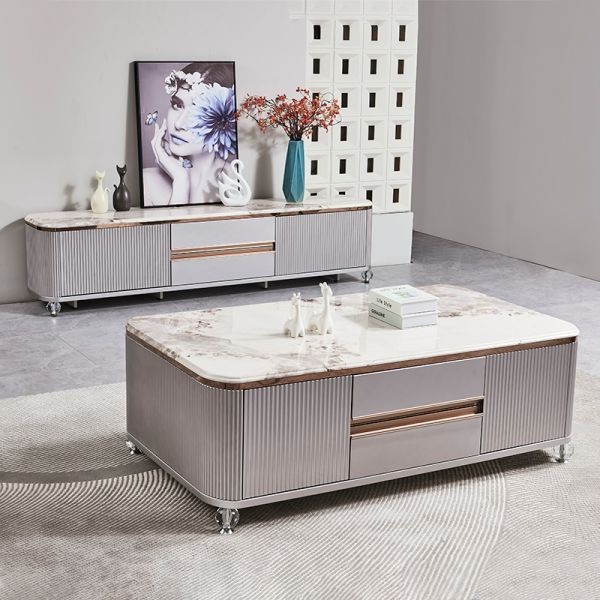 Modern Design Luxury Wooden TV Stand Home Furniture Drawer Storage Marble Slate Top Large Long Wood Living Room TV Cabinet