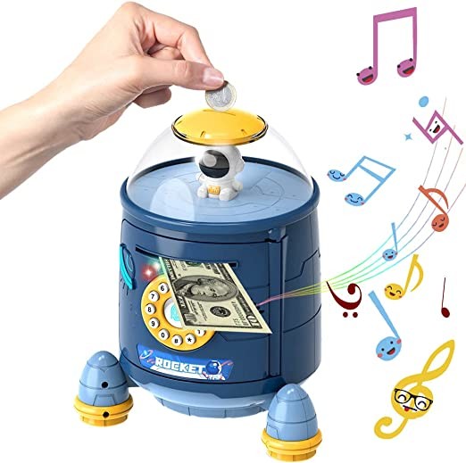 Kids ABS Material Pink And Blue Color Rocket Piggy Bank For Educational