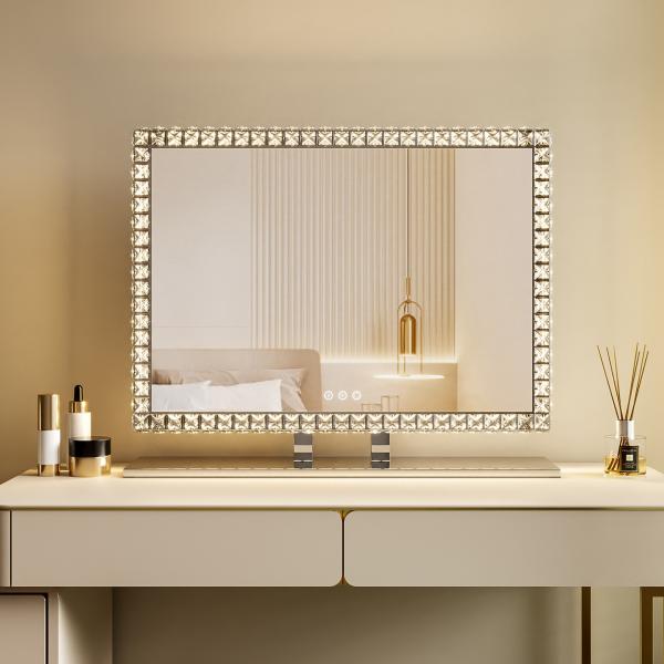 Stainless Steel Crystal Glass LED Vanity Mirror with RGB Light Adjustable for Personal Beauty and Home Cosmetic
