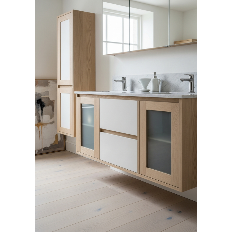 Gallery Pale Oak Wall-Mounted Vanity in 304 Stainless Steel with Quarter-Sawn European White Oak Veneer and Ultra-Matte Finish