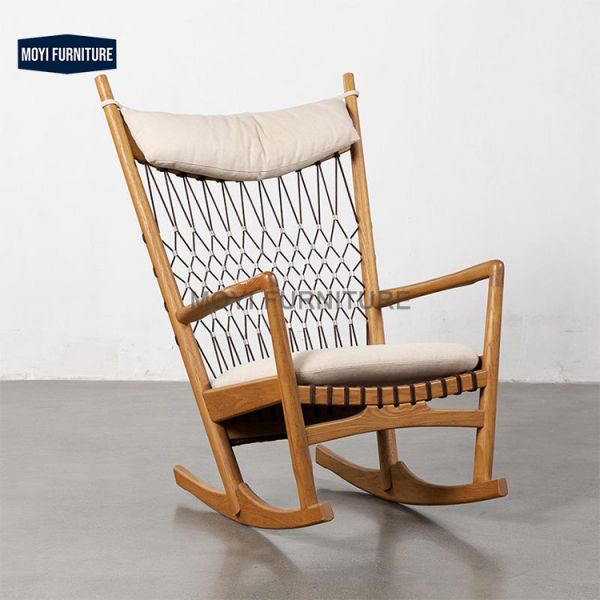 Leisure Chair with Solid Wood Legs Rocking Lounge Chair Wooden Rattan Arm Chairs Living Room Luxury Modern Reclining Sofa