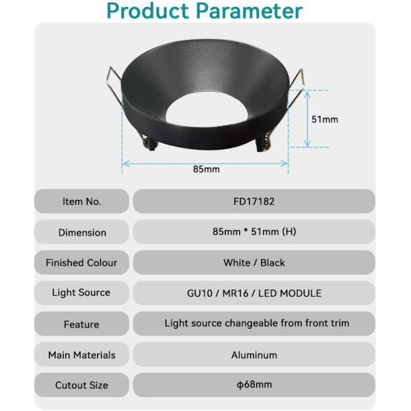Anti-Glare Recessed Spotlight Frame Semi-Recessed GU10/MR16 Compatible