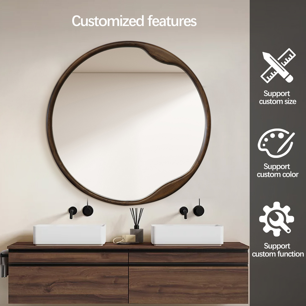 Irregular Round Wood Frame Wall Mounted Bathroom Vanity Mirror For Decoration