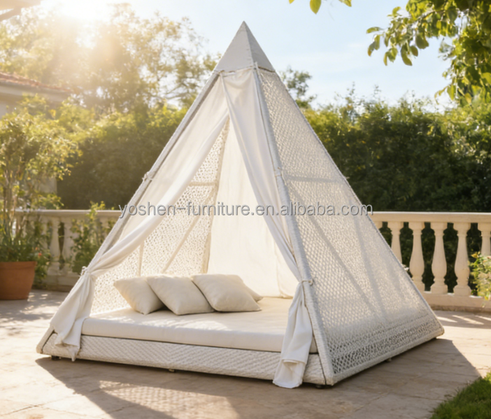 Triangular Patio Cabana With Curtain Wicker Plastic Canopy Sunbed Backyard Rattan UV Resist Day Bed