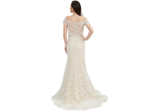 Sequin Embroidery Fabric Arabic Evening Dresses Beige Color Zipper Back Style
