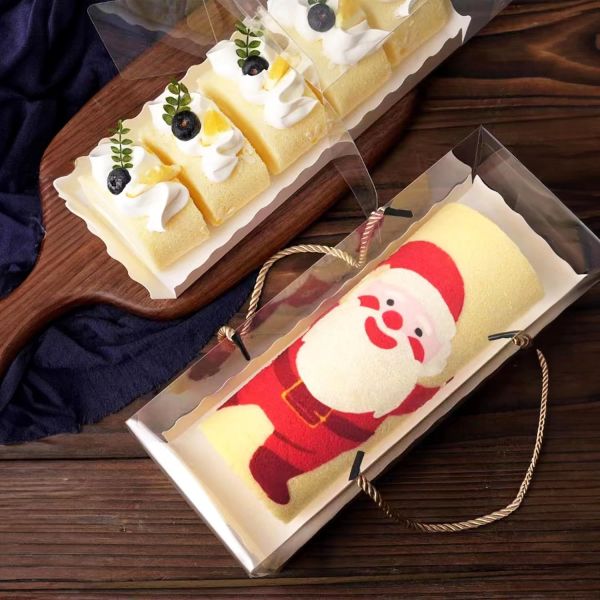 Clear Roll Cake Boxes With Gold Rope Handle & Cake Boards, Homemade & Bakery Transparent Plastic Gift Boxes，Easy Carrying, Storage Containers For Slice Cake, Christmas Rectangular Transparent Cake Box